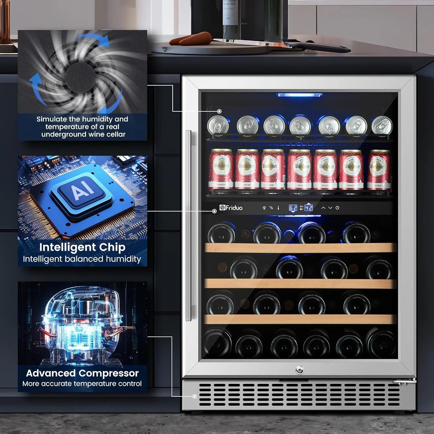 24 inch Dual Zone Beverage Refrigerator, 30 Bottles & 82 Cans Wine Fridge Built-in or Freestanding with Glass Door, Wine and Beverage Refrigerator Cooler for Kitchen Home Bar
