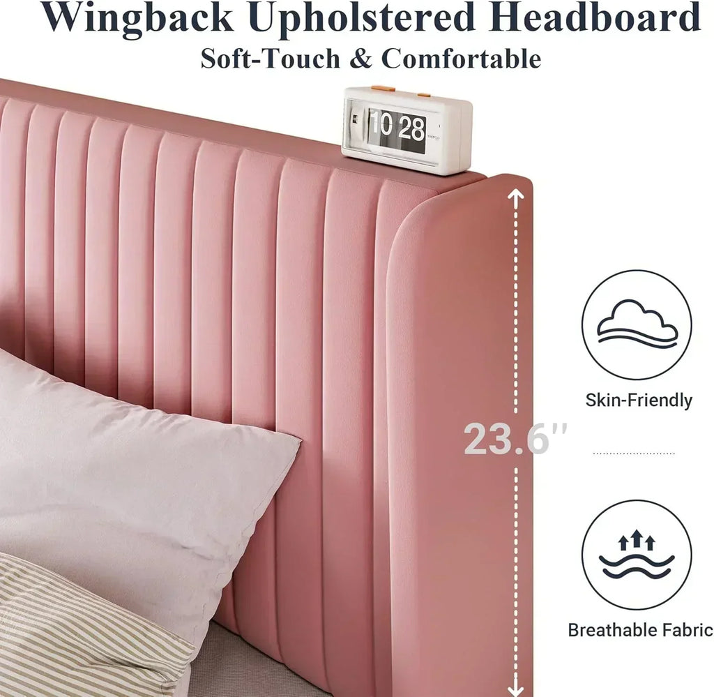 Allewie Full Size Velvet Bed Frame Vertical Channel Tufted Wingback Headboard Upholstered Bed