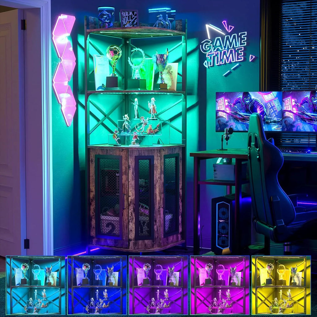 Corner bar cabinet with power socket, industrial style wine cabinet with LED light strip and glass rack, home five-layer wine cabinet bar unit, small space corner display cabinet