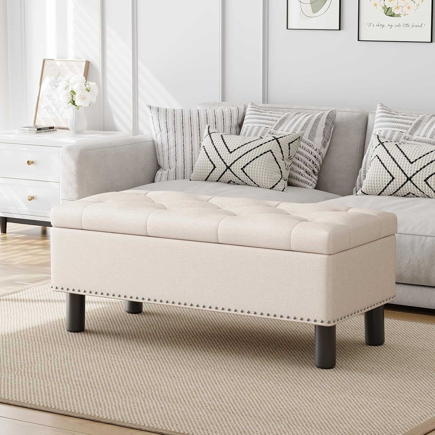 Furniliving Modern Storage Ottoman Bench, Sherpa Ottoman End of Bed Bench with Solid Wood Legs Upholstered Ottoman Benches with Storage Indoor Bench
