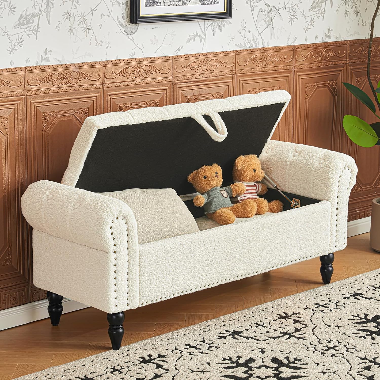 Furniliving Modern Storage Ottoman Bench, Sherpa Ottoman End of Bed Bench with Solid Wood Legs Upholstered Ottoman Benches with Storage Indoor Bench