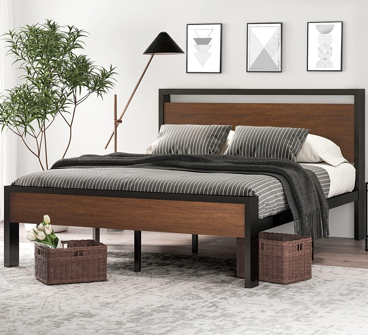 SHA CERLIN 14 Inch Queen Size Metal Platform Bed Frame with Wooden Headboard and Footboard
