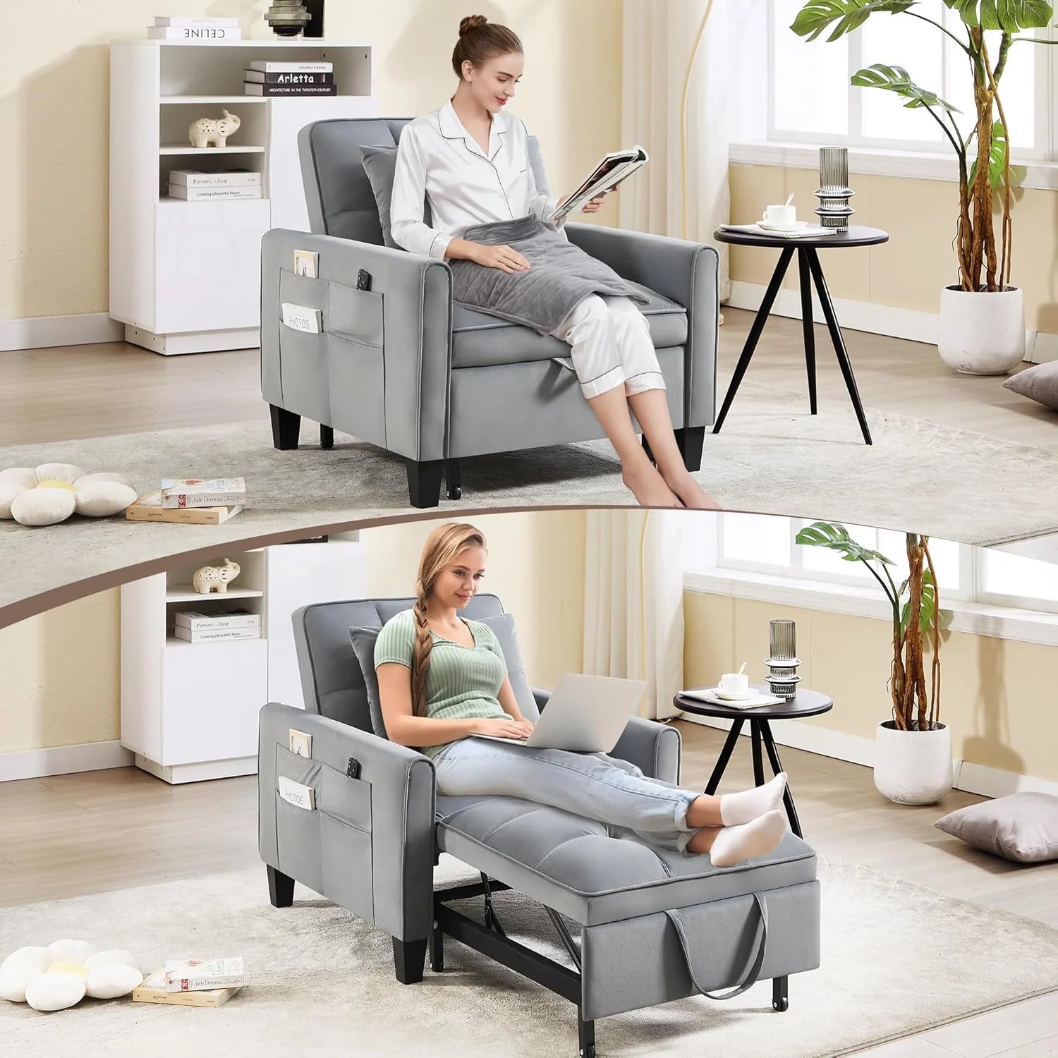 Convertible Sleeper Chair, 3 in 1 Sleeper Chair Bed Pull Out Sofa Bed Chairs, Velvet Single Sofa with Adjustable Backrest