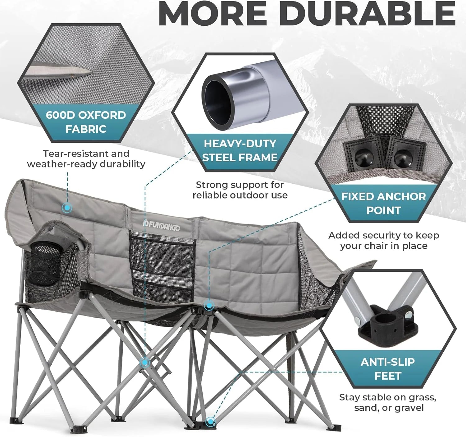 Double Camping Chair with Cooler 3-Person Folding Extra Large Camping Chair with 1000-Pound Load Capacity