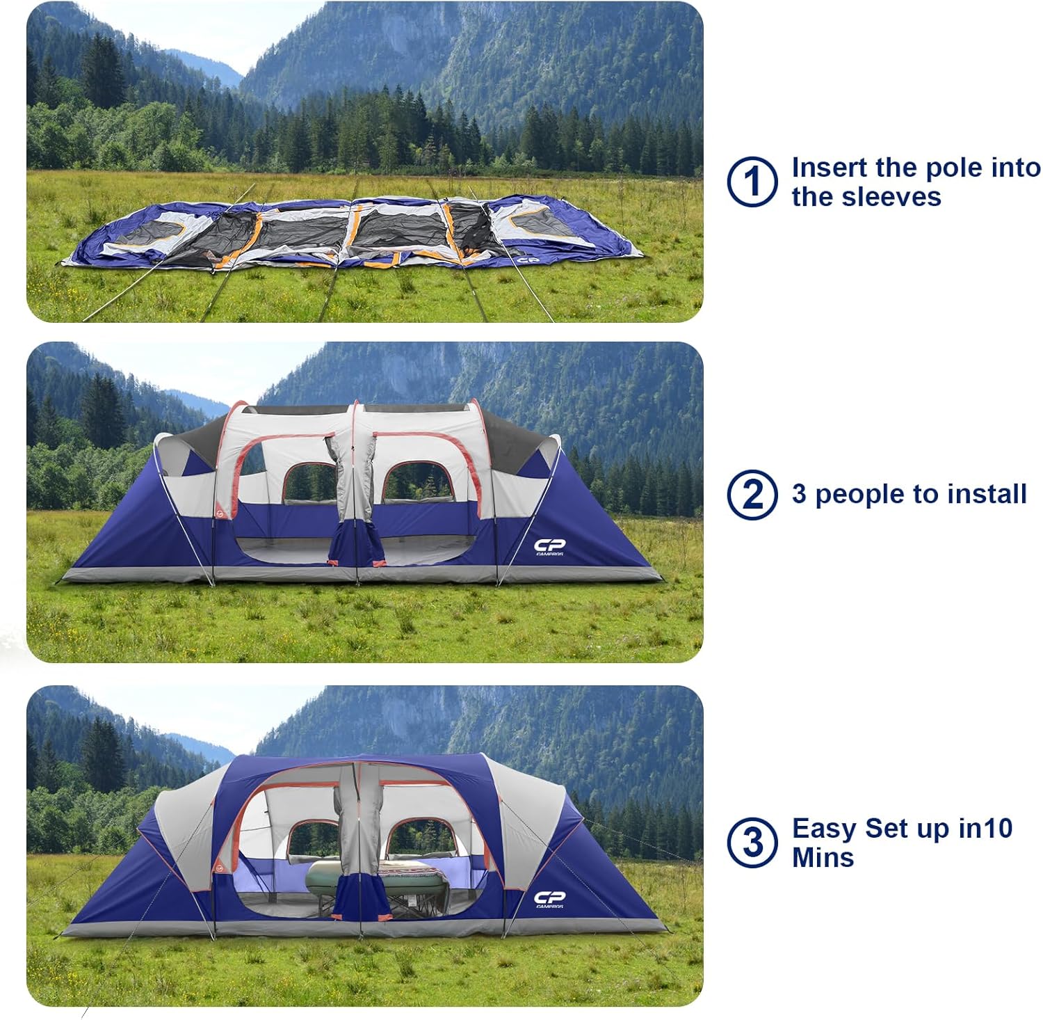 CAMPROS CP Tent 12-Person-Camping-Tents,3 Room Family Tents,Waterproof Windproof Family Tent with Top Rainfly,6 Large Mesh Windows,Double Layer,Easy Set Up, Portable with Carry Bag-20' x 9' x 72(H)