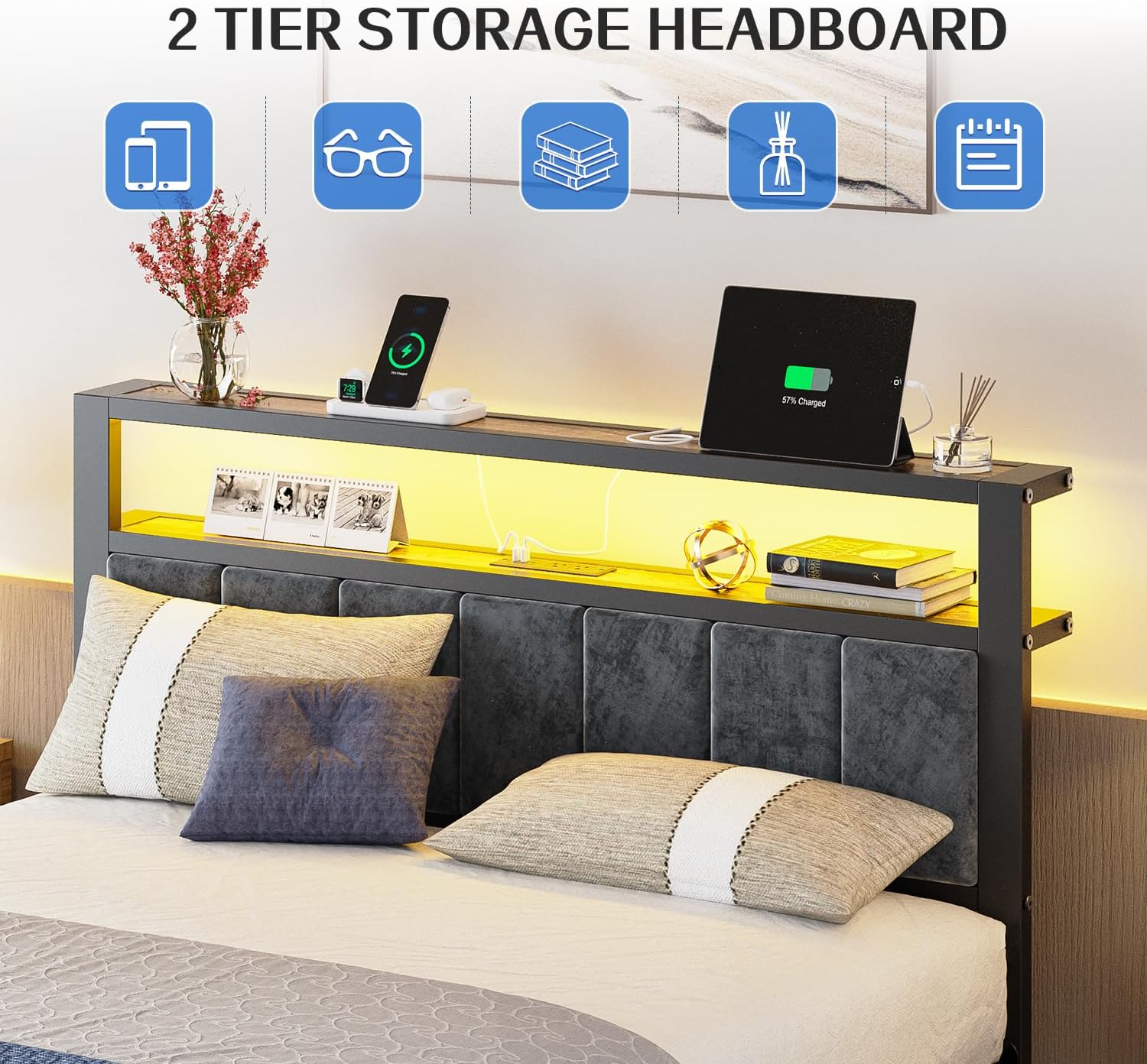Queen Size Bed Frame with 2-Tier Storage Shelves Headboard Platform Bed with Charging Station