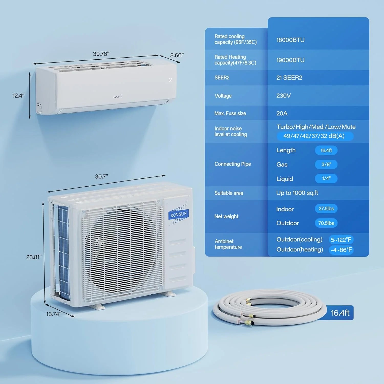 ROVSUN 9000 BTU Wifi Enabled Mini Split Air Conditioner & Heater with Inverter, 19 SEER2 Energy Saving 115V Ductless Split AC Unit with Pre-Charged Condenser, Heat Pump & Installation Kit