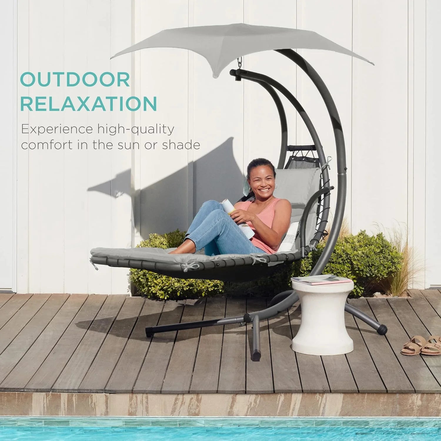 Best Choice Products Outdoor Hanging Curved Steel Chaise Lounge Chair Swing w/Built-in Pillow and Removable Canopy - Teal