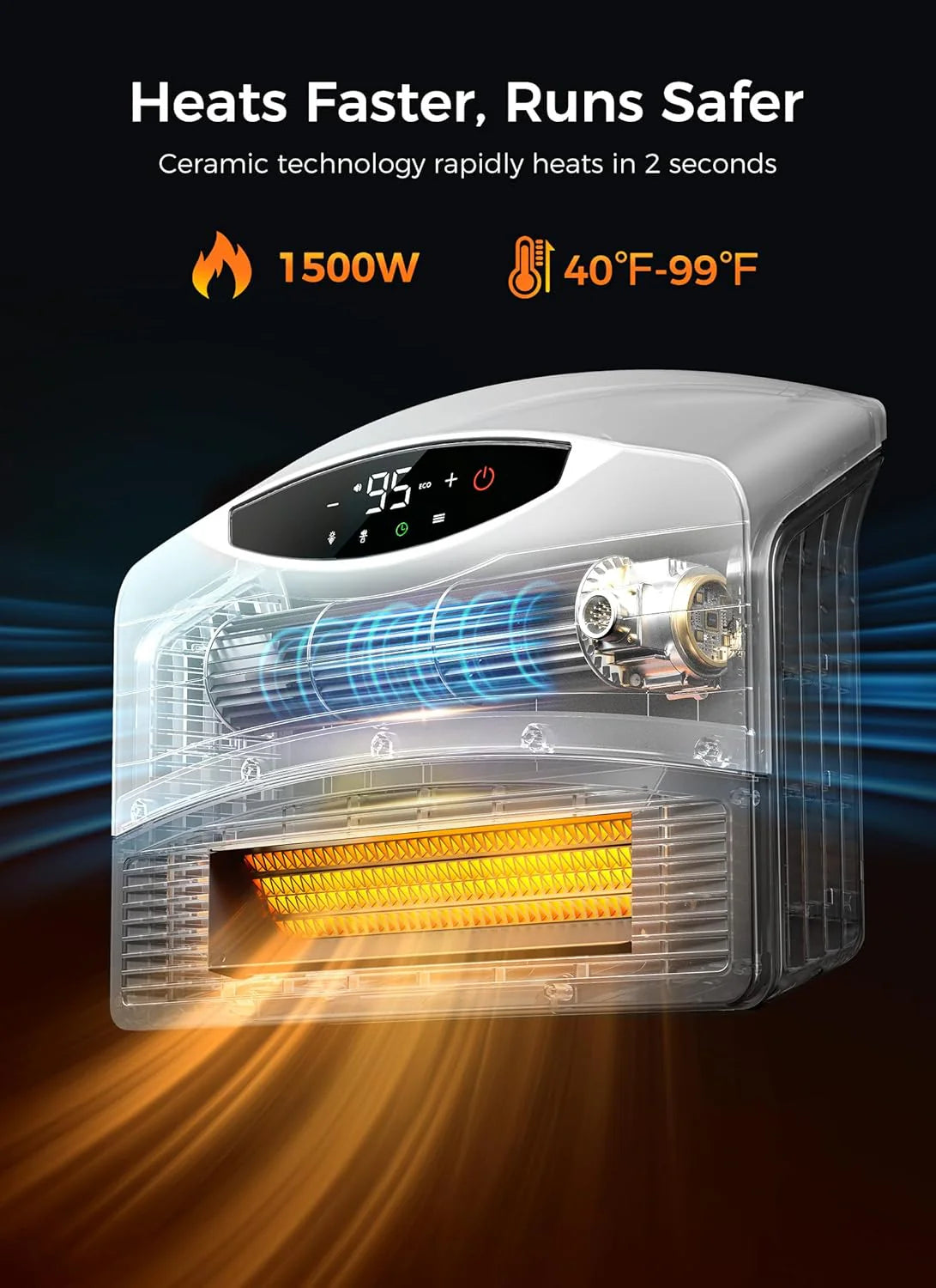 Wall mounted electric heater with WiFi and remote control, floor standing heater 1500W fast coverage for large rooms