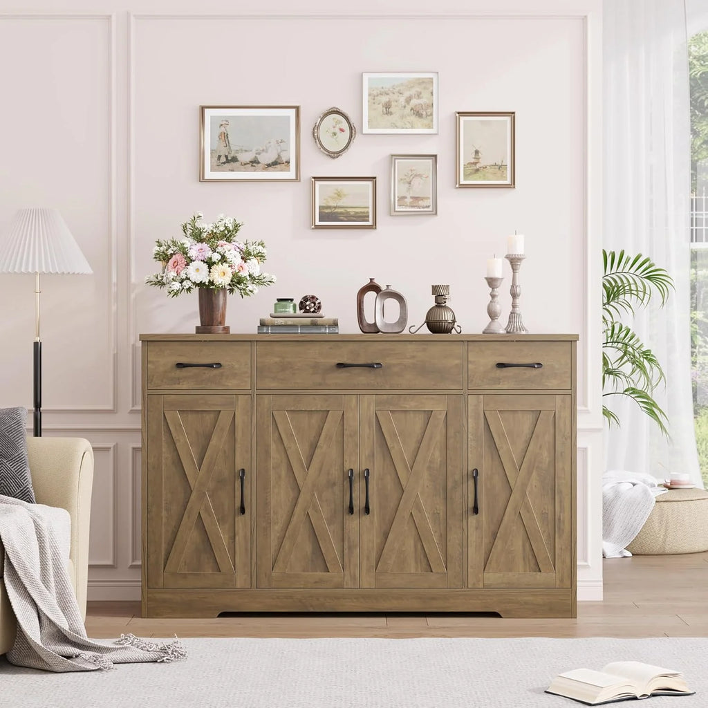 Sideboard with drawers, large 55-inch sideboard, sideboard storage with shelves and doors, modern farmhouse coffee bar wood kitchen dining table