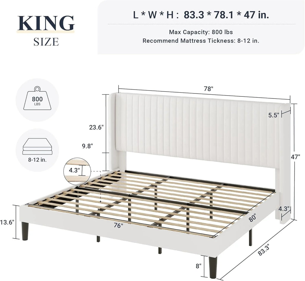 Allewie Full Size Velvet Bed Frame Vertical Channel Tufted Wingback Headboard Upholstered Bed