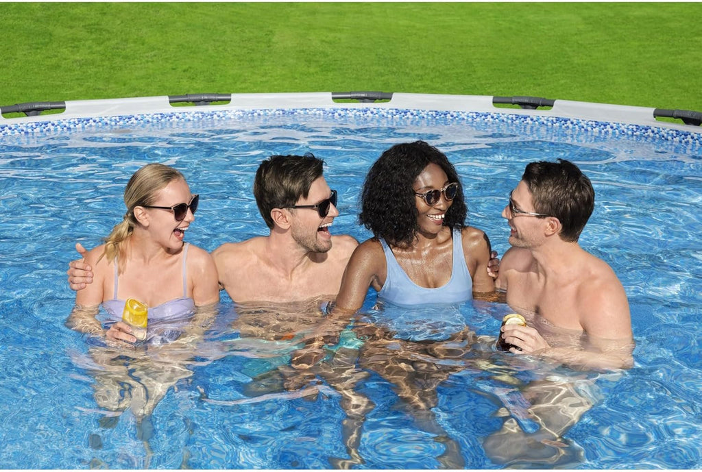 Steel Pro MAX 14 Foot x 48 Inch Round Metal Frame Above Ground Outdoor Swimming Pool Set with 1,000 Filter Pump, Ladder, and Cover, Gray