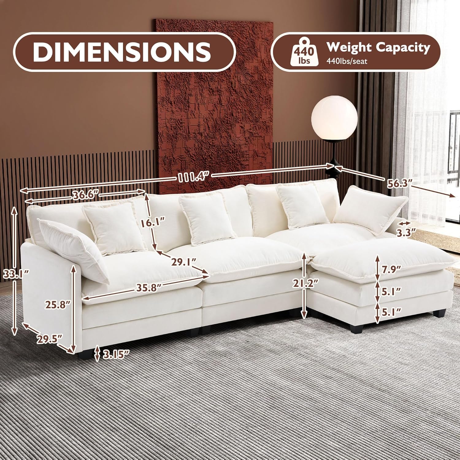 ihanherry 146-inch U-shaped modern sofa modular area cloud sofa