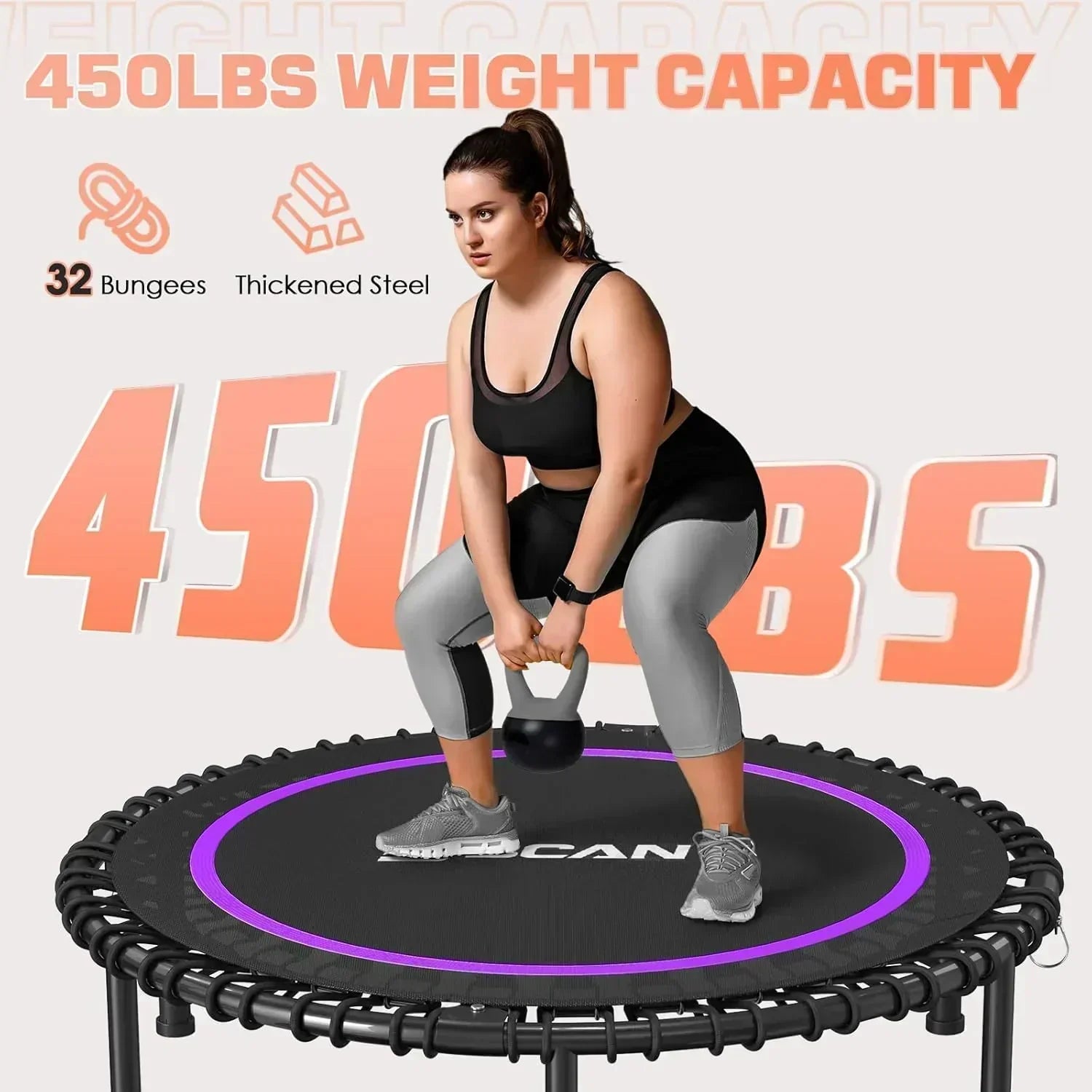 BCAN 450/550 LBS Foldable Mini Trampoline Fitness Trampoline Bungees Adjustable Foam Handle