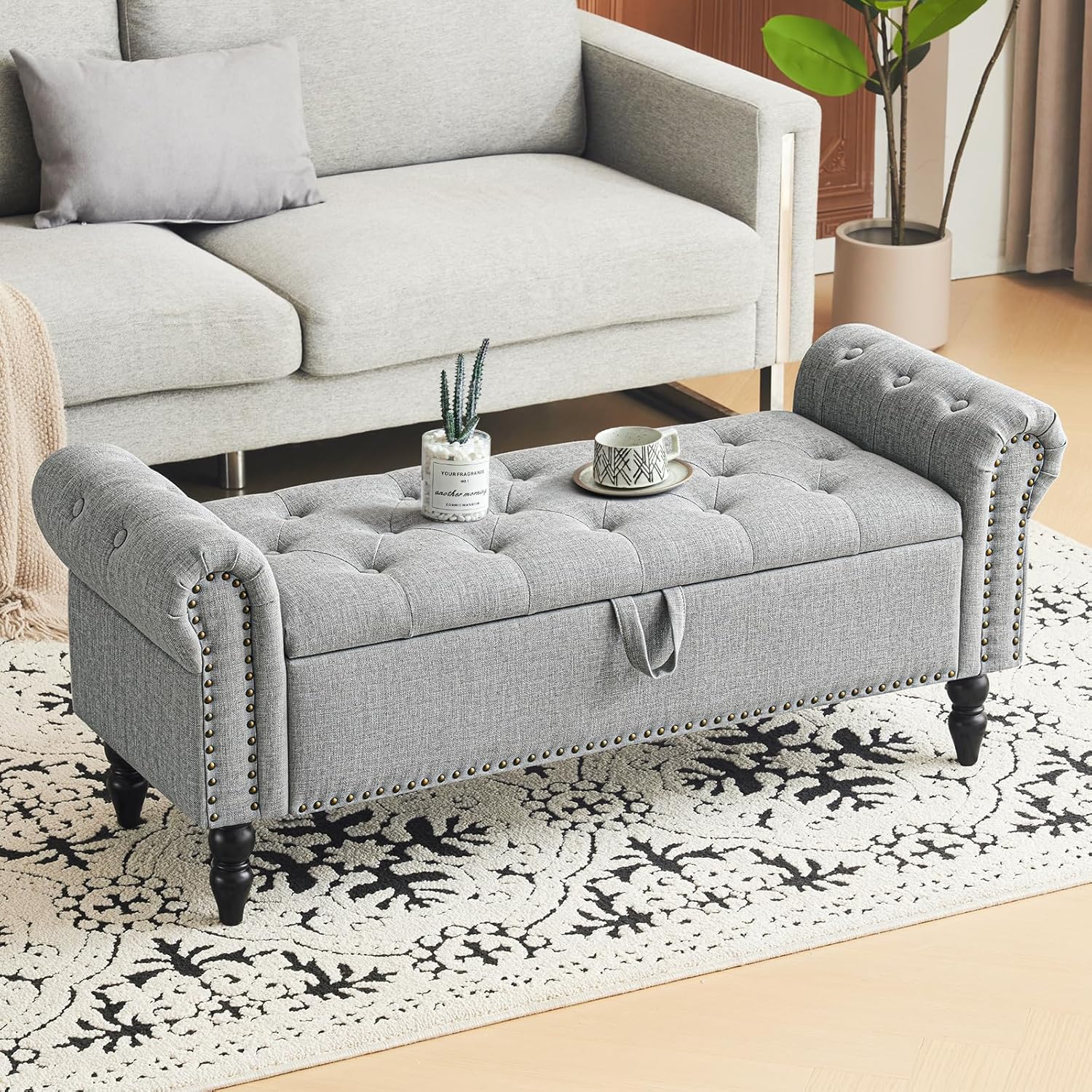 Furniliving Modern Storage Ottoman Bench, Sherpa Ottoman End of Bed Bench with Solid Wood Legs Upholstered Ottoman Benches with Storage Indoor Bench