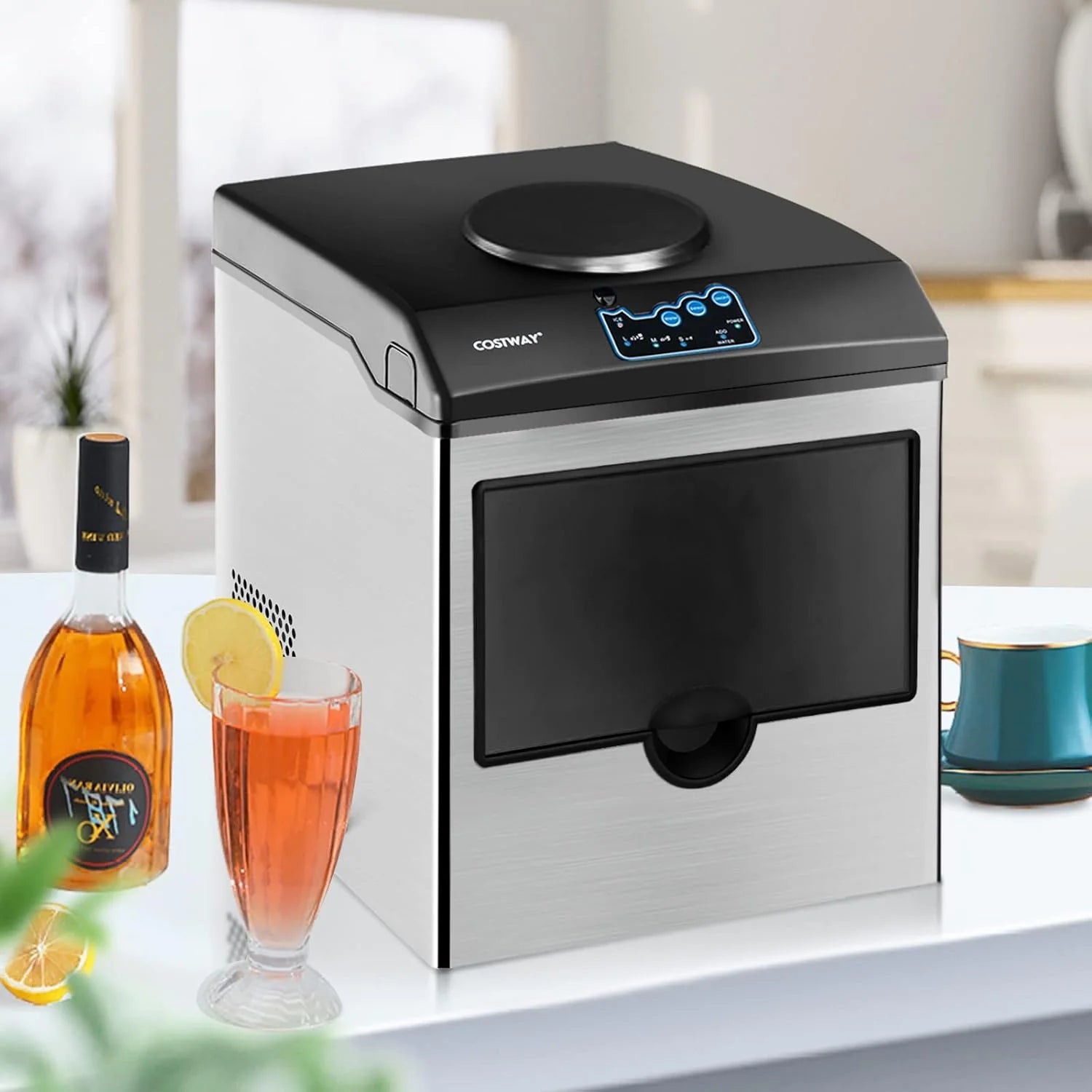COSTWAY Countertop Ice Maker with Water Dispenser, 3 Sizes Bullet Shaped Ice, 48lbs/Day, Fast Ready in 6 Minutes, Ice Machine with Cold Water for Home Bar Kitchen Office