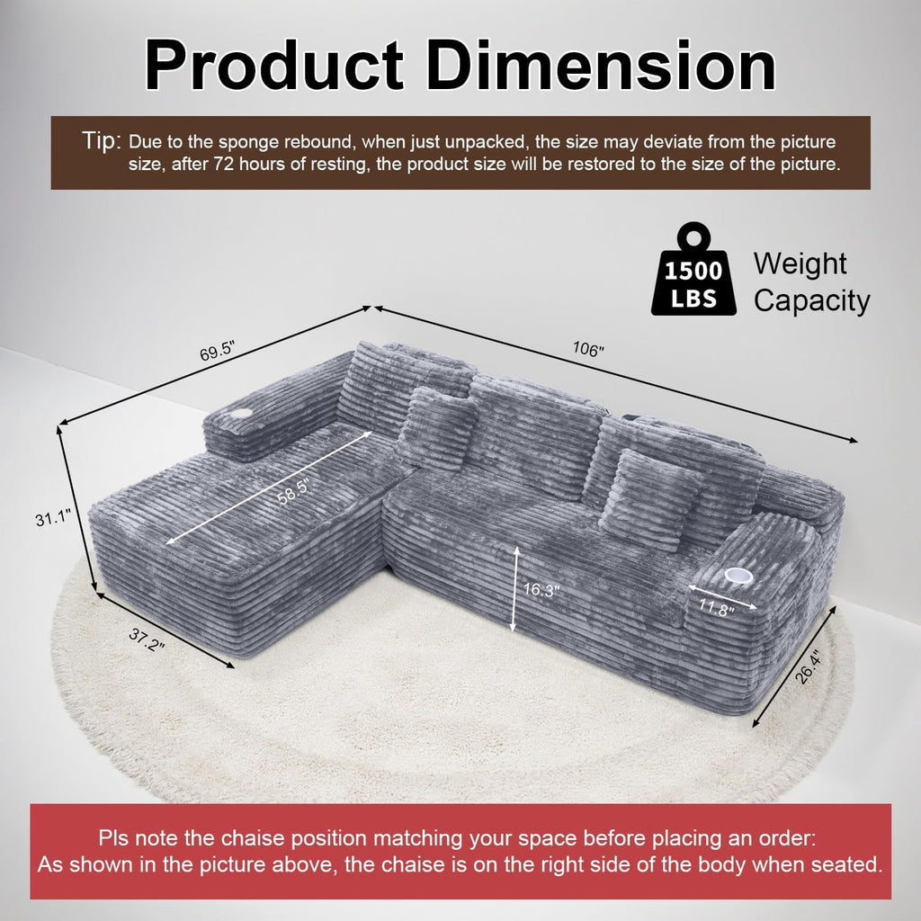 Cloud section sofa with L-shaped recliner modern modular sofa built-in cup holder