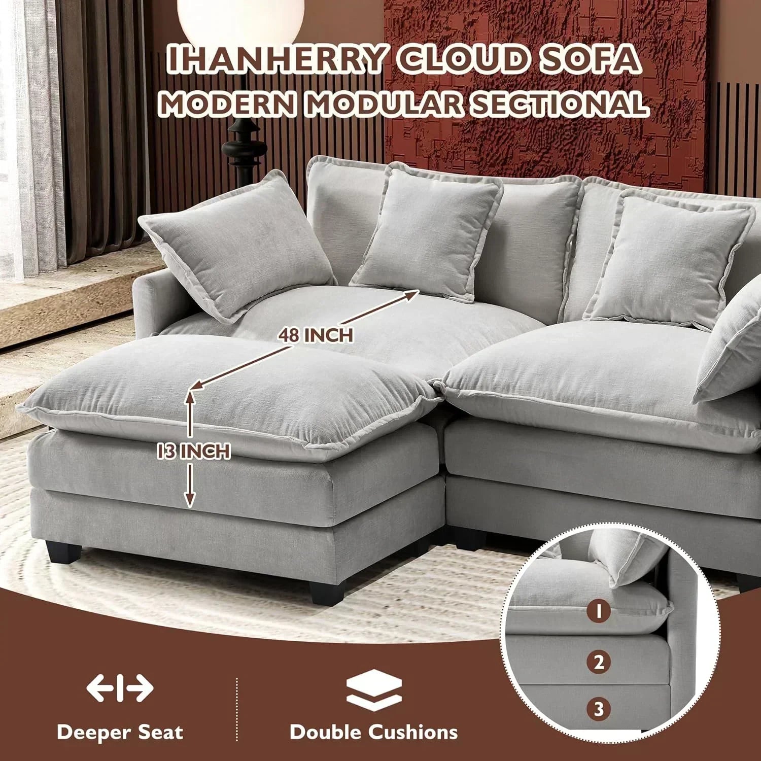 111.4 Inch L Shaped Modern Sofa Modular Cloud Sofa with Ottoman 4 Seater Chenille Deep Seat Sofa