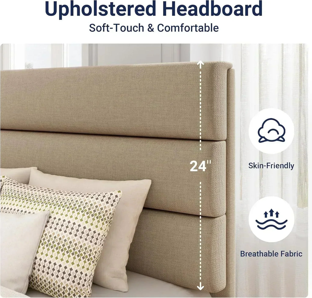 Allewie King size platform bed frame with velvet upholstered headboard and planks