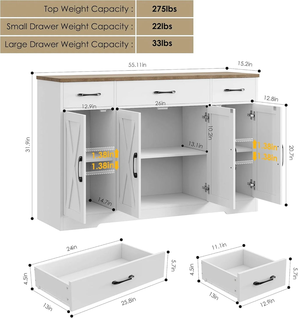 HOSTACK Buffet Cabinet with Drawers, 55 Large Sideboard Buffet Storage Cabinet with Shelves and Doors, Modern Farmhouse Coffee Bar Station Wood Kitchen Table for Kitchen, Dining Room, White/Rustic