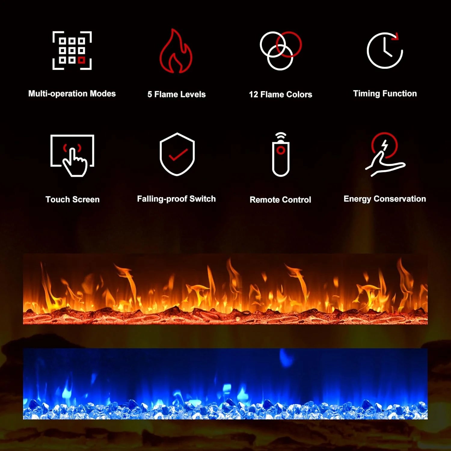 EUHOMY 50 Inch Electric Fireplace Wall Recessed and Wall Mounted with Adjustable Flame Color, Fireplace Heater with Remote Control, Linear Fireplace with Timer, Touch Screen, Log & Crystal, 750/1500W