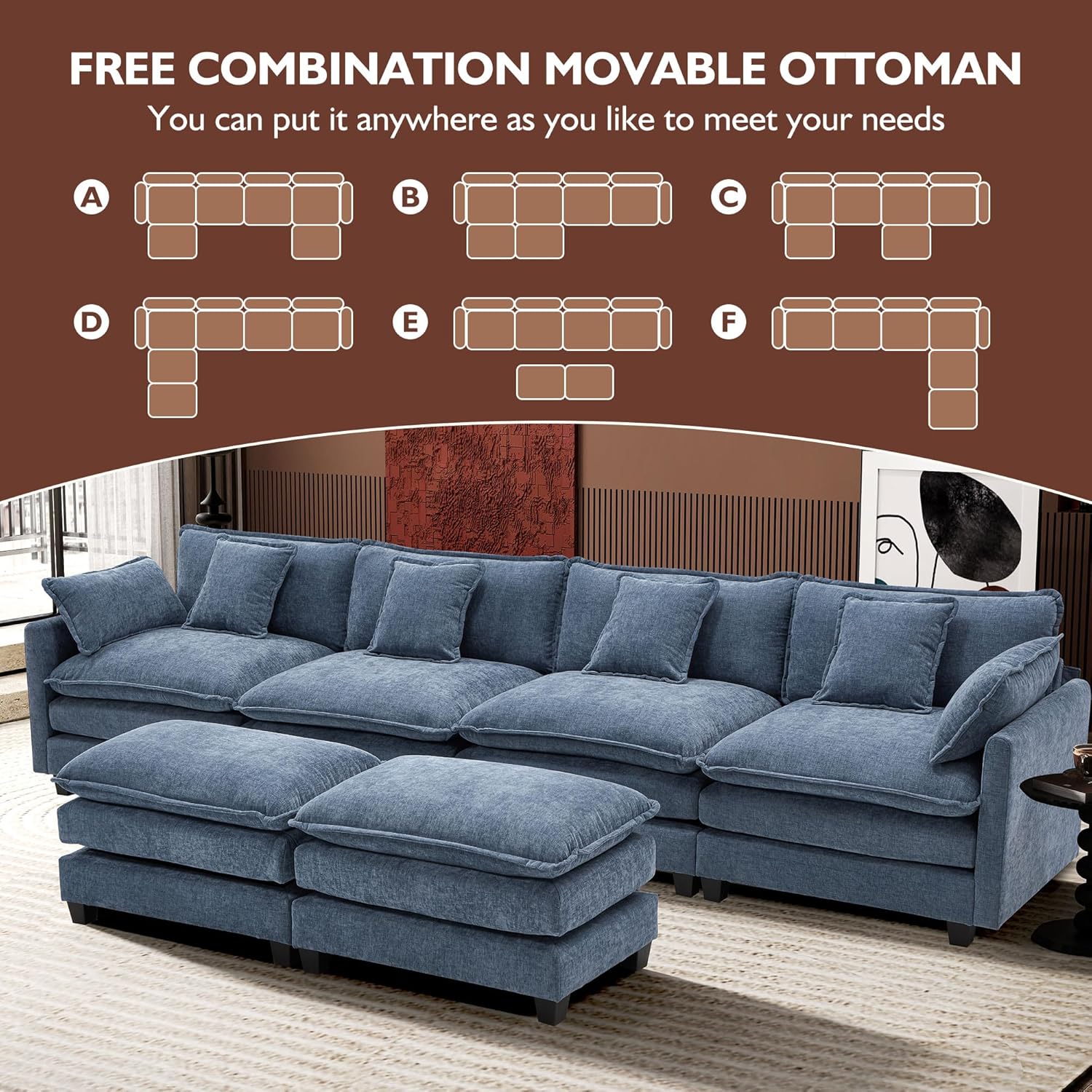 111.4 Inch L Shaped Modern Sofa Modular Cloud Sofa with Ottoman 4 Seater Chenille Deep Seat Sofa