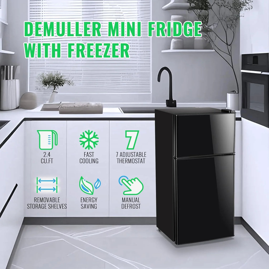 2.4 Cu.Ft Mini Fridge with Freezer & Double Door Small Tiny Size Refrigerator with 7 Temperature Control Knob Only Suitable for One Person Use Black