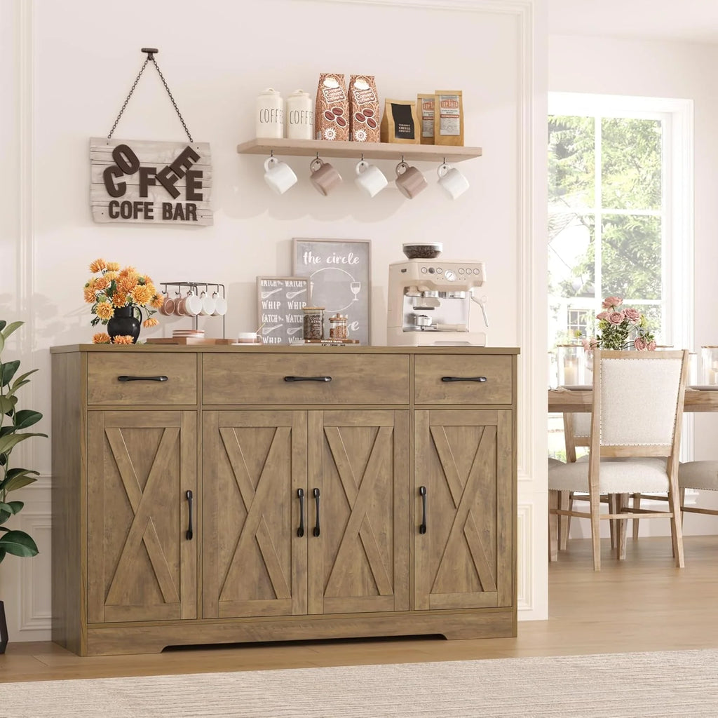 HOSTACK Buffet Cabinet with Drawers, 55 Large Sideboard Buffet Storage Cabinet with Shelves and Doors, Modern Farmhouse Coffee Bar Station Wood Kitchen Table for Kitchen, Dining Room, White/Rustic