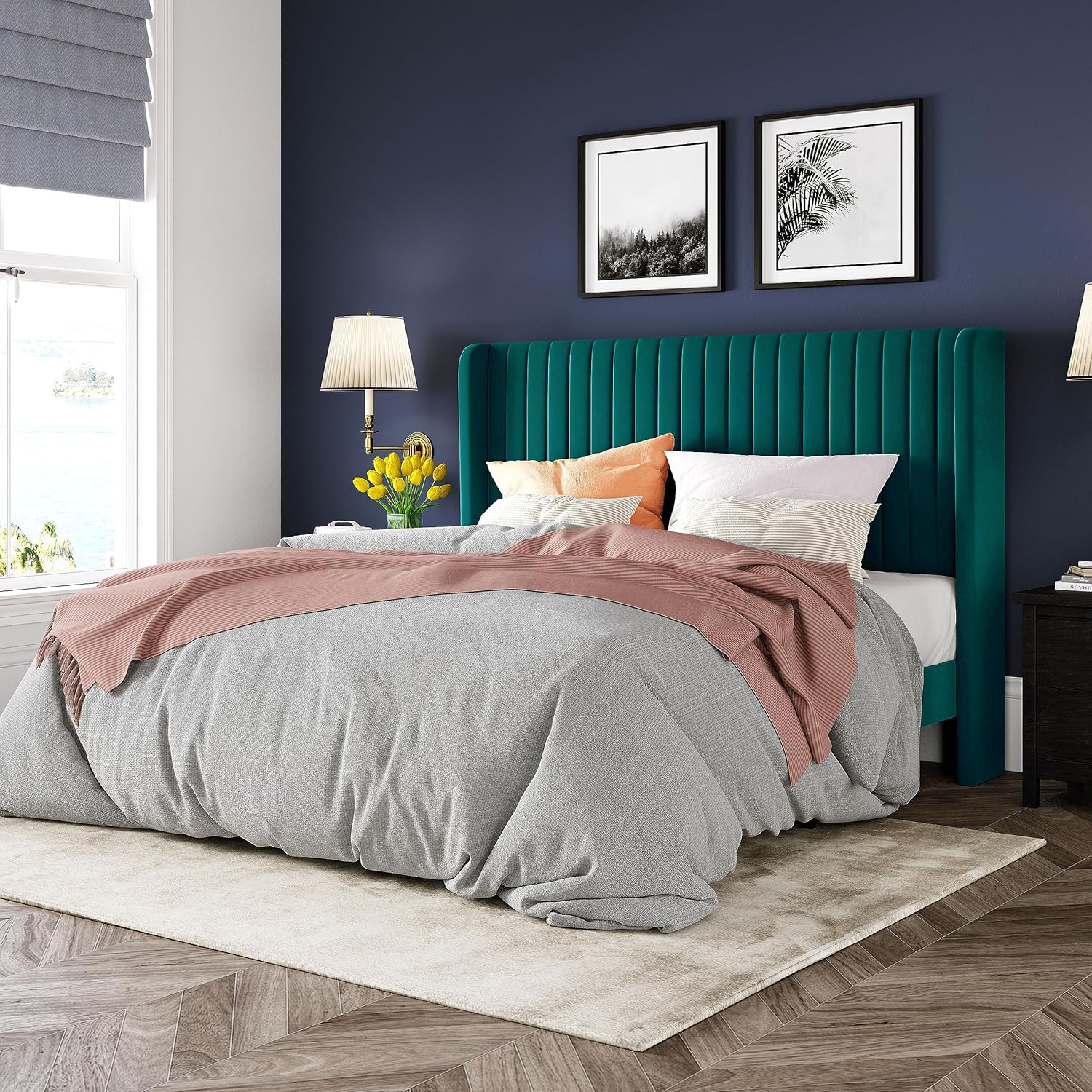 Allewie Full Size Velvet Bed Frame Vertical Channel Tufted Wingback Headboard Upholstered Bed