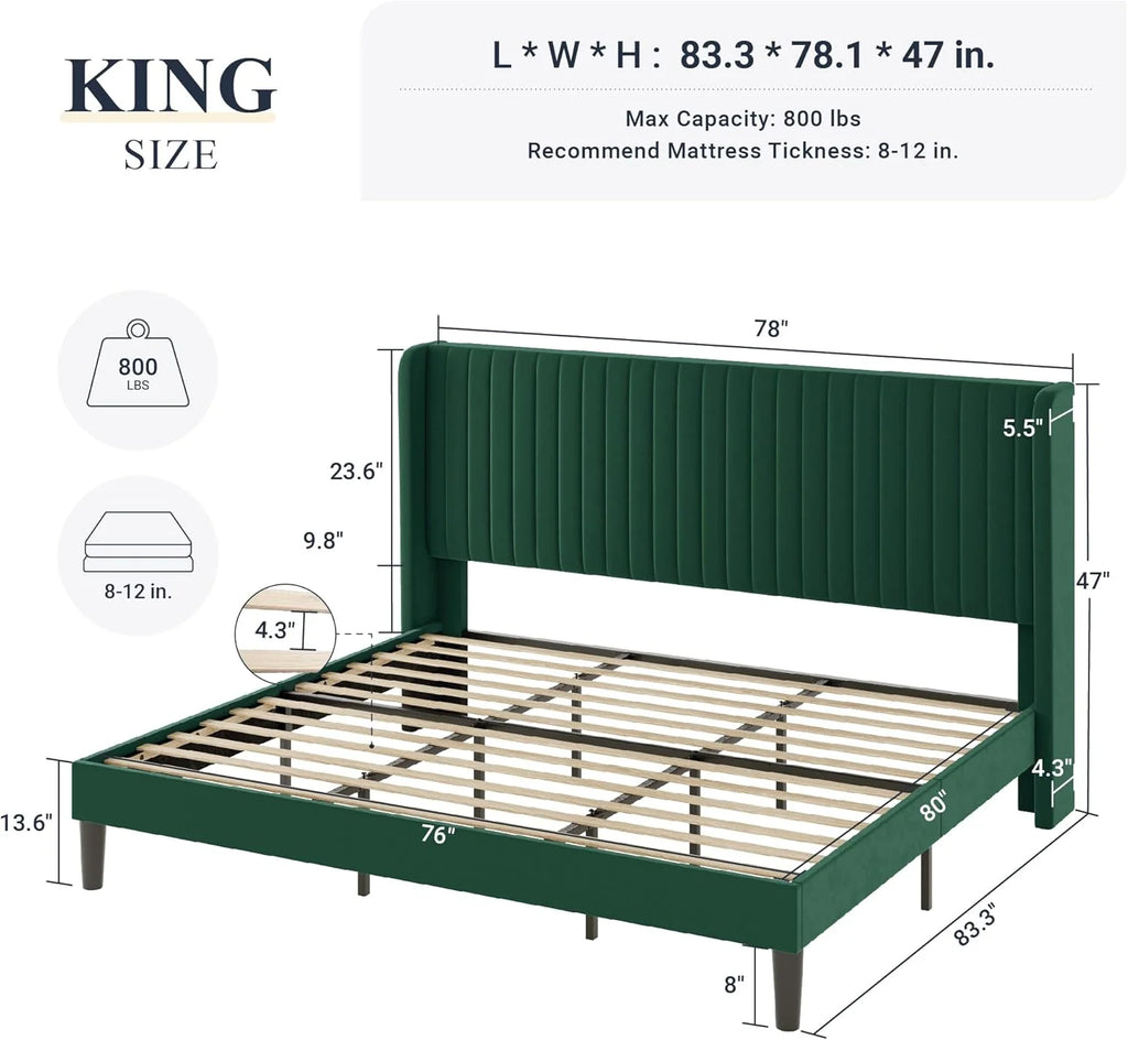 Allewie Full Size Velvet Bed Frame Vertical Channel Tufted Wingback Headboard Upholstered Bed