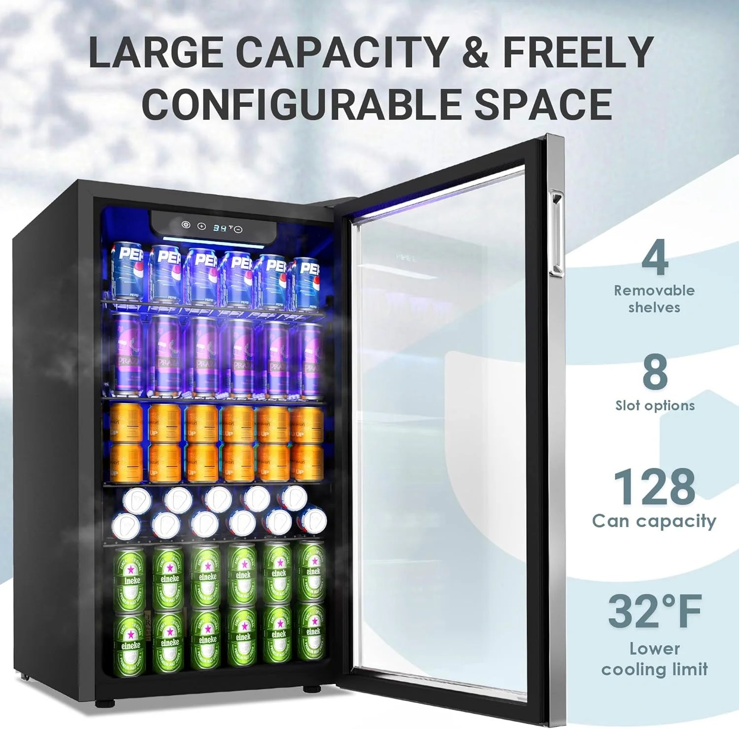 EUHOMY Beverage Refrigerator Cooler, 130 Can Mini Fridge with Glass Door for Soda Beer or Wine, Beverage Cooler for Home, Office, Bar with Adjustable Removable Shelves, Silver