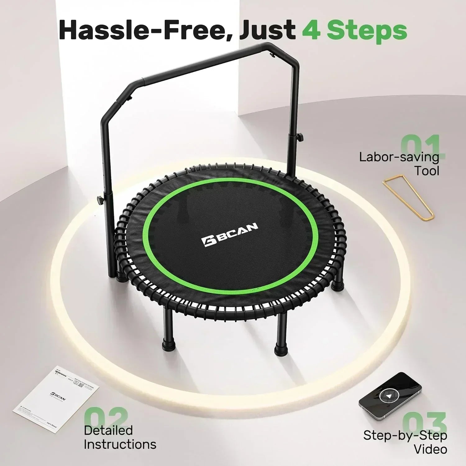 BCAN 450/550 LBS Foldable Mini Trampoline Fitness Trampoline Bungees Adjustable Foam Handle