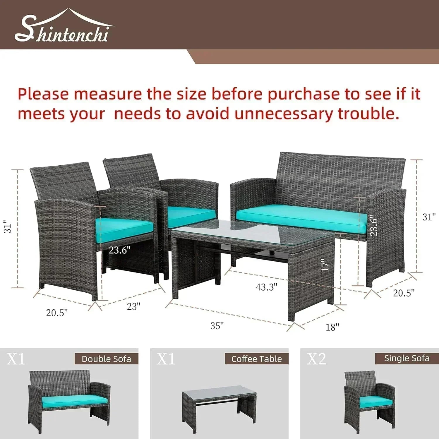 Shintenchi 4 Piece Patio Ratten Set Outdoor Furniture Set Wicker Conversation Set