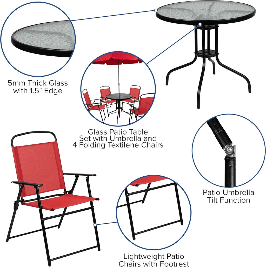 EMMA + OLIVER 6 Piece Brown Patio Garden Set with Umbrella Table and Set of 4 Folding Chairs