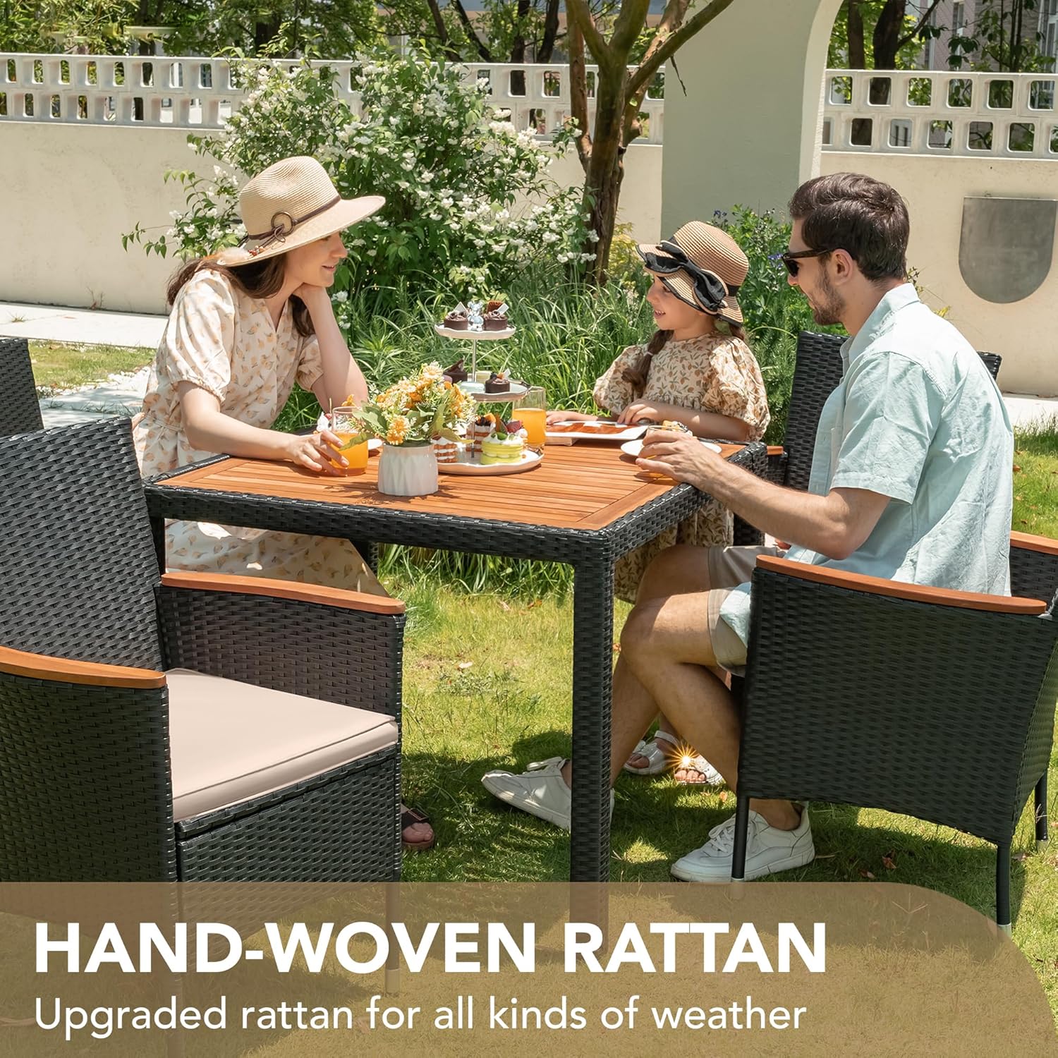 Devoko Dining 7 PCS Furniture, Patio Conversation Set with Acacia Wood Table Top, Rattan Outdoor, Black