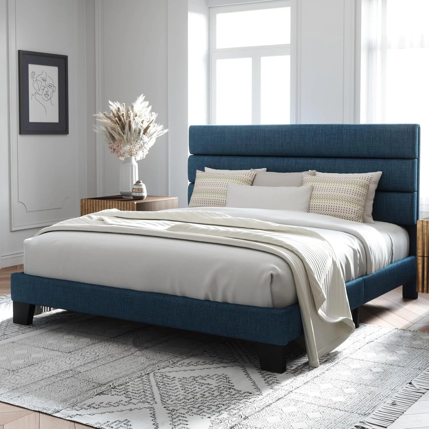 Allewie Queen Size Platform Bed Frame Fabric Upholstered Headboard Wooden Slats Support