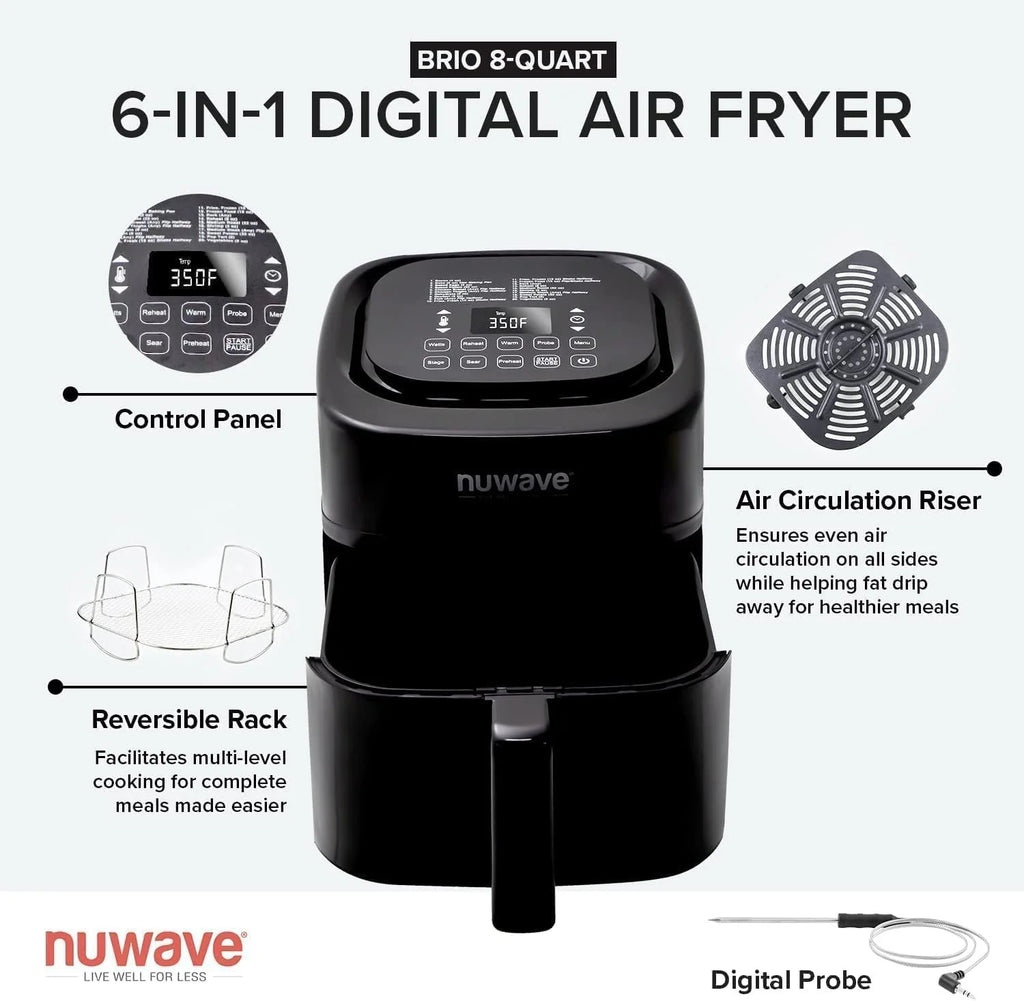 Nuwave Brio 15.5Qt Air Fryer/Oven quickly reheats, bakes, and dehydrates food with a temperature control range of 50��-425��F 1800W.