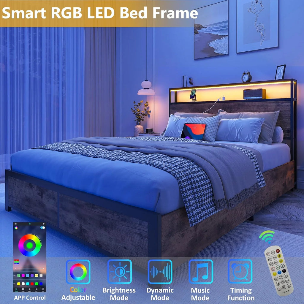 Lifezone Queen Bed Frame with 2-Tier Storage Headboard, Metal Platform Bed Frame with 4 Storage Drawers, Built in Charging Station & LED, Noise-Free/Metal Support/No Box Spring Needed