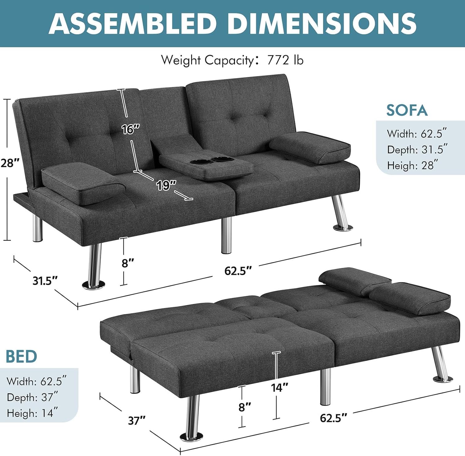 Convertible Sofa Bed Modern Imitation Leather Home Recliner Flip Double Sofa Folding Sofa Bed Guest Bed
