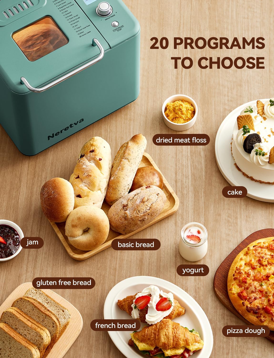Neretva Bread Maker 20-in-1 2LB Bread Maker Dual Heater Bread Maker Automatic Ceramic Pan