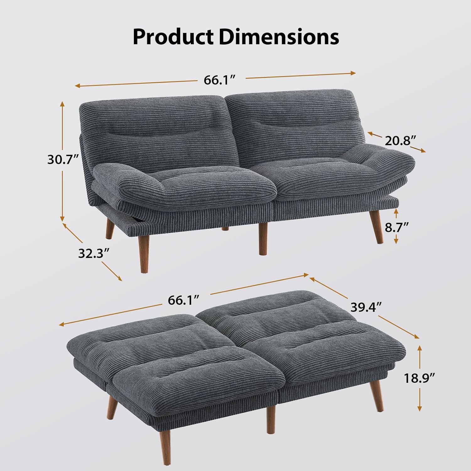 Convertible Futon Sofa Bed 66 Inch Corduroy Futon Sofa Recliner Sofa Bed for Small Spaces