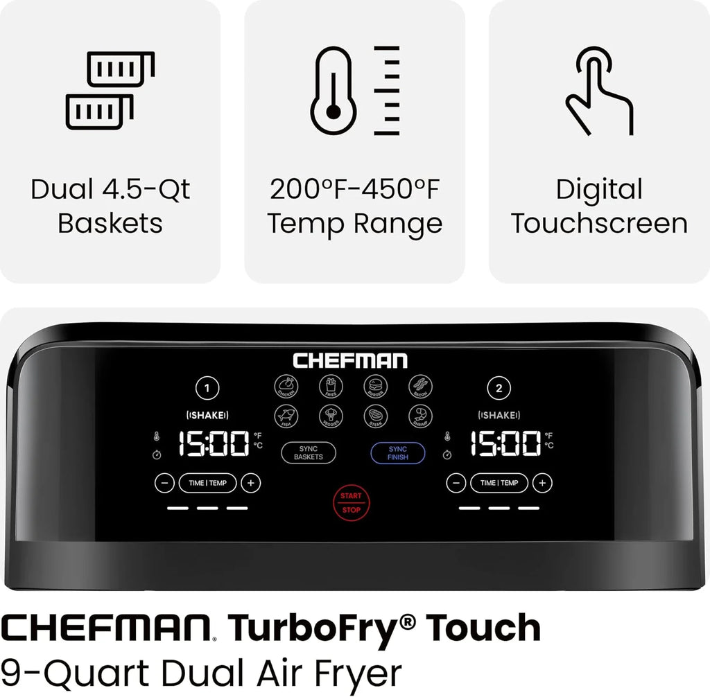 Chefman 6 Quart Dual Basket Air Fryer - Digital Touchscreen, Smart Sync Finish, Hi-Fry, Auto Shutoff, 2 Independent 3QT Nonstick Dishwasher-Safe Frying Baskets - Digital Double Air Fryer - Black