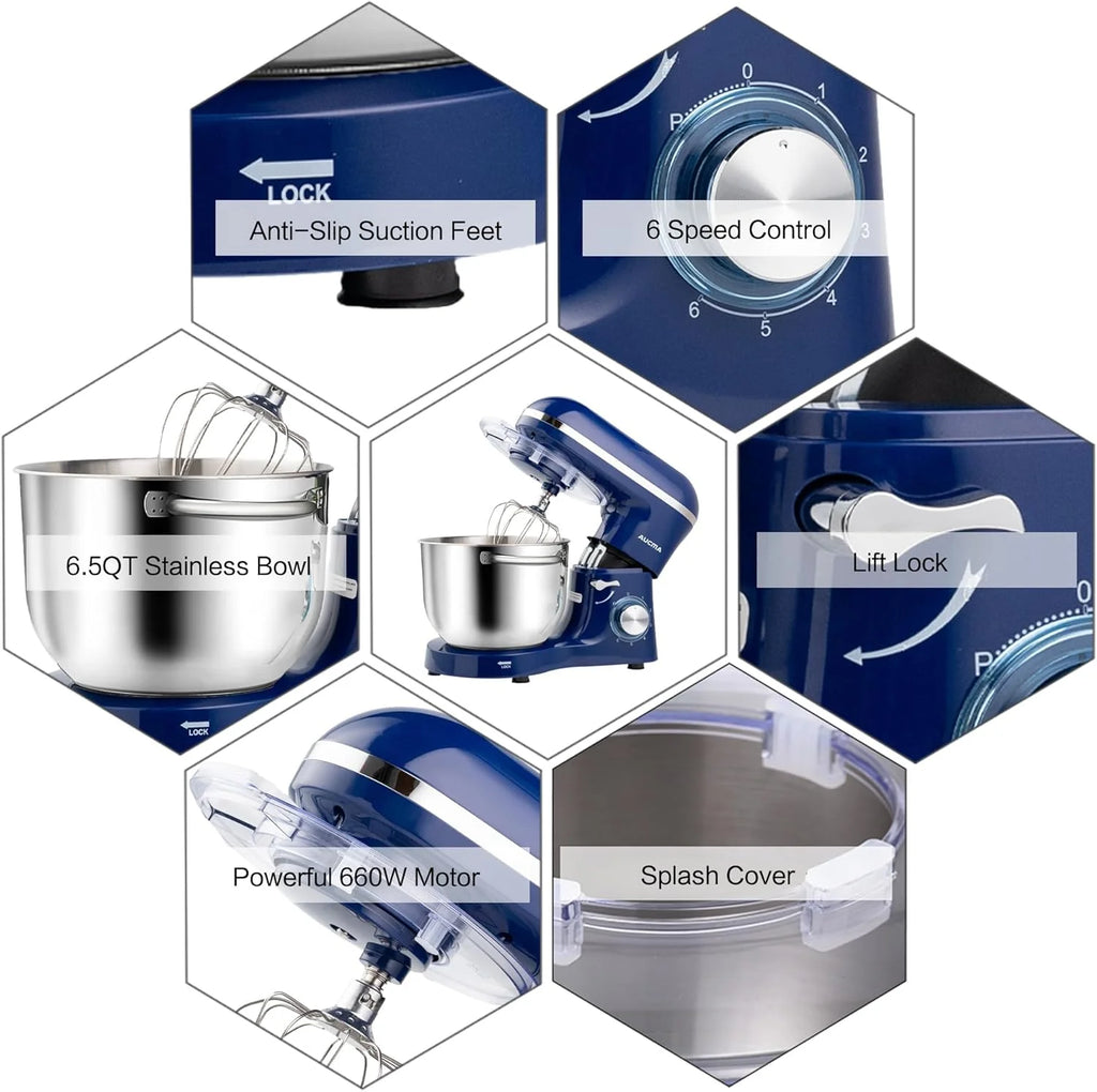 Aucma Stand Mixer,6.5-QT 660W 6-Speed Tilt-Head Food Mixer, Kitchen Electric Mixer with Dough Hook