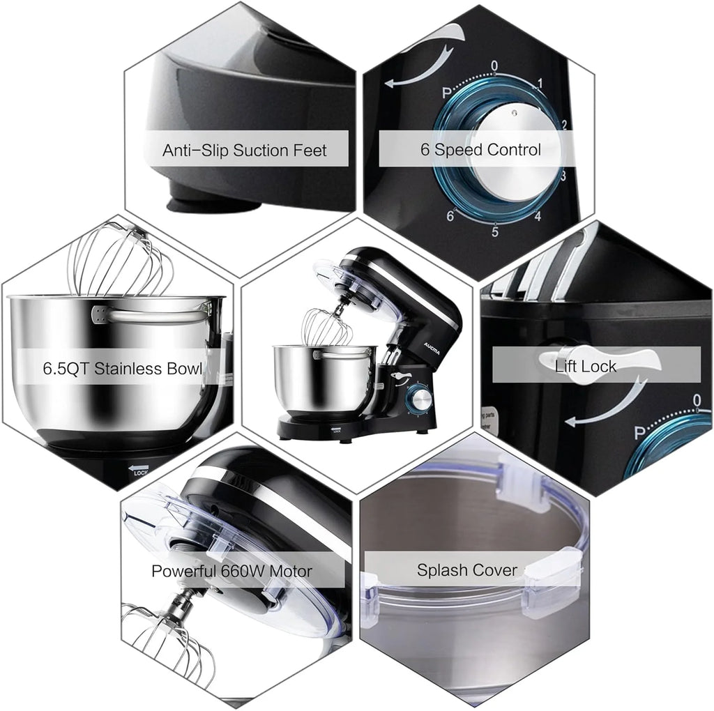 Aucma Stand Mixer,6.5-QT 660W 6-Speed Tilt-Head Food Mixer, Kitchen Electric Mixer with Dough Hook