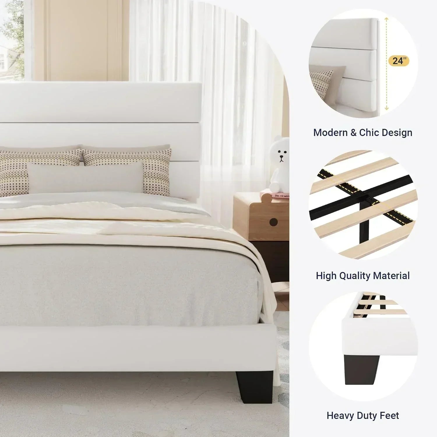 Allewie Queen Size Platform Bed Frame with Fabric Upholstered Headboard Wooden Slats Support