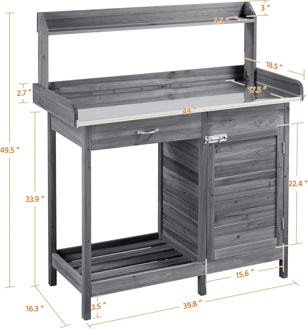 Yaheetech Outdoor Garden Potting Bench Table Work Bench Metal Tabletop W/Cabinet Drawer Open Shelf Natural Wood