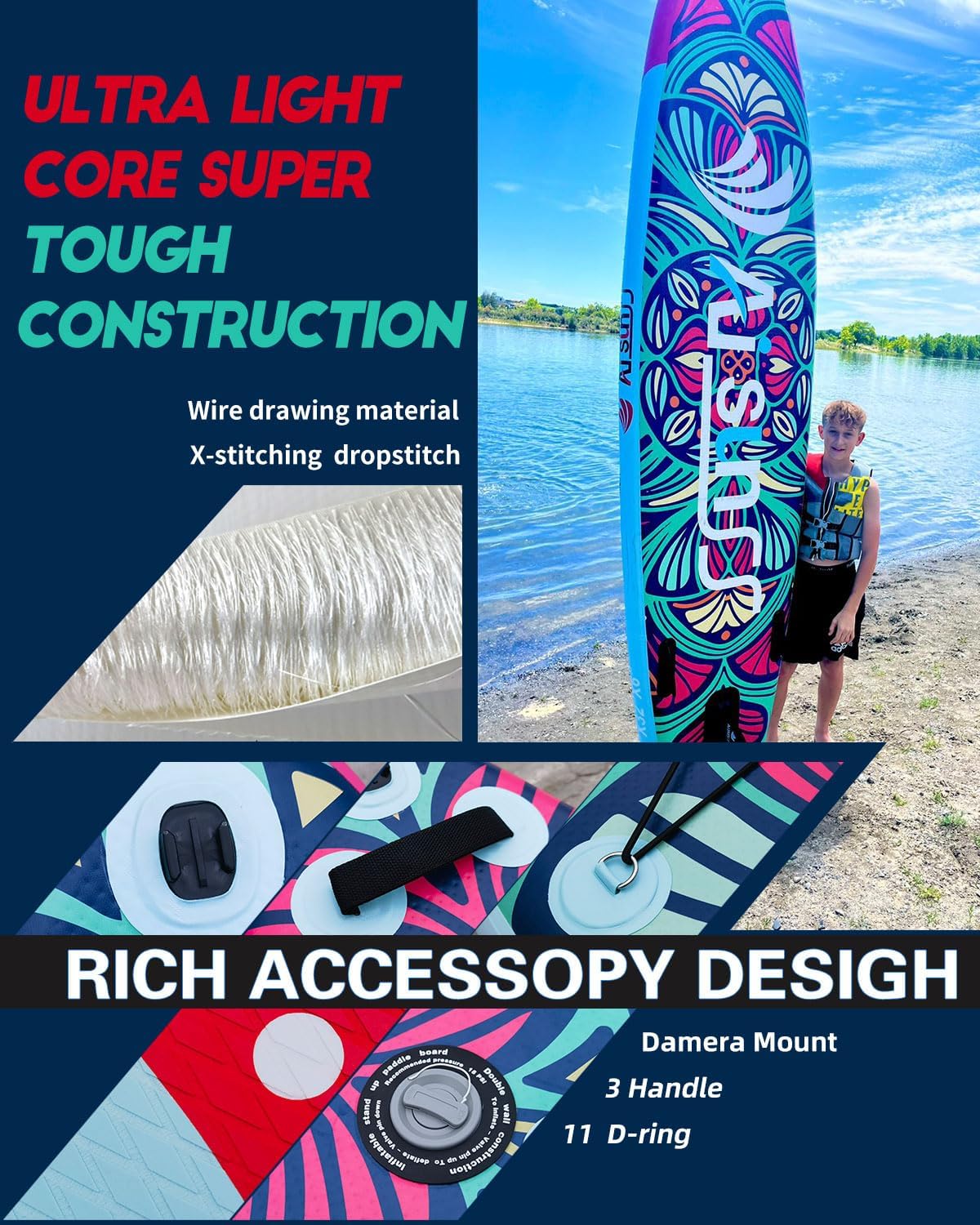 Inflatable wide SUP board with SUP carrying bag, hand pump, 10L waterproof bag and adjustable paddle
