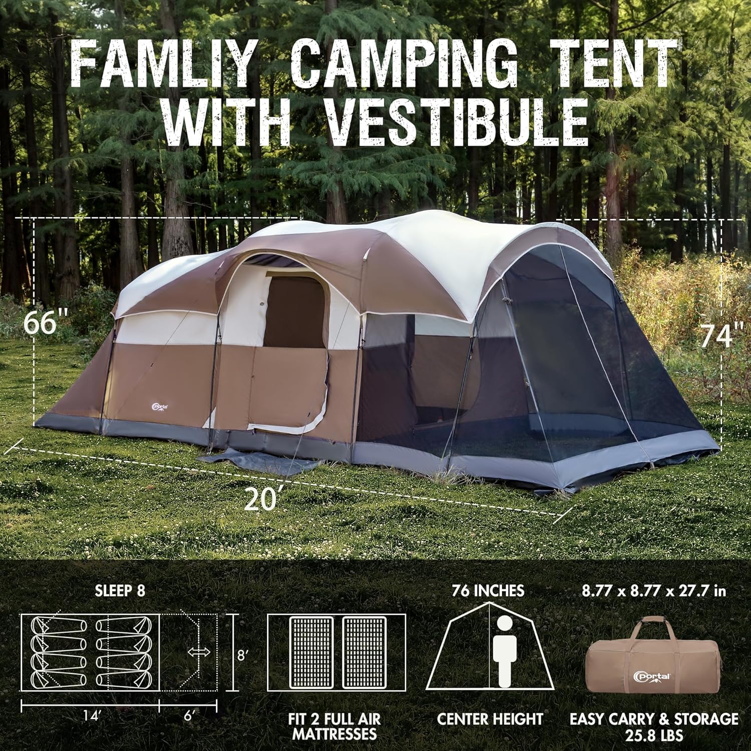 PORTAL 6/8/10 Person Family Camping Tent with Screen Room, Water Resistant Big Tunnel Tent with Rainfly, Large Family Tent for Outdoor Camping, Party