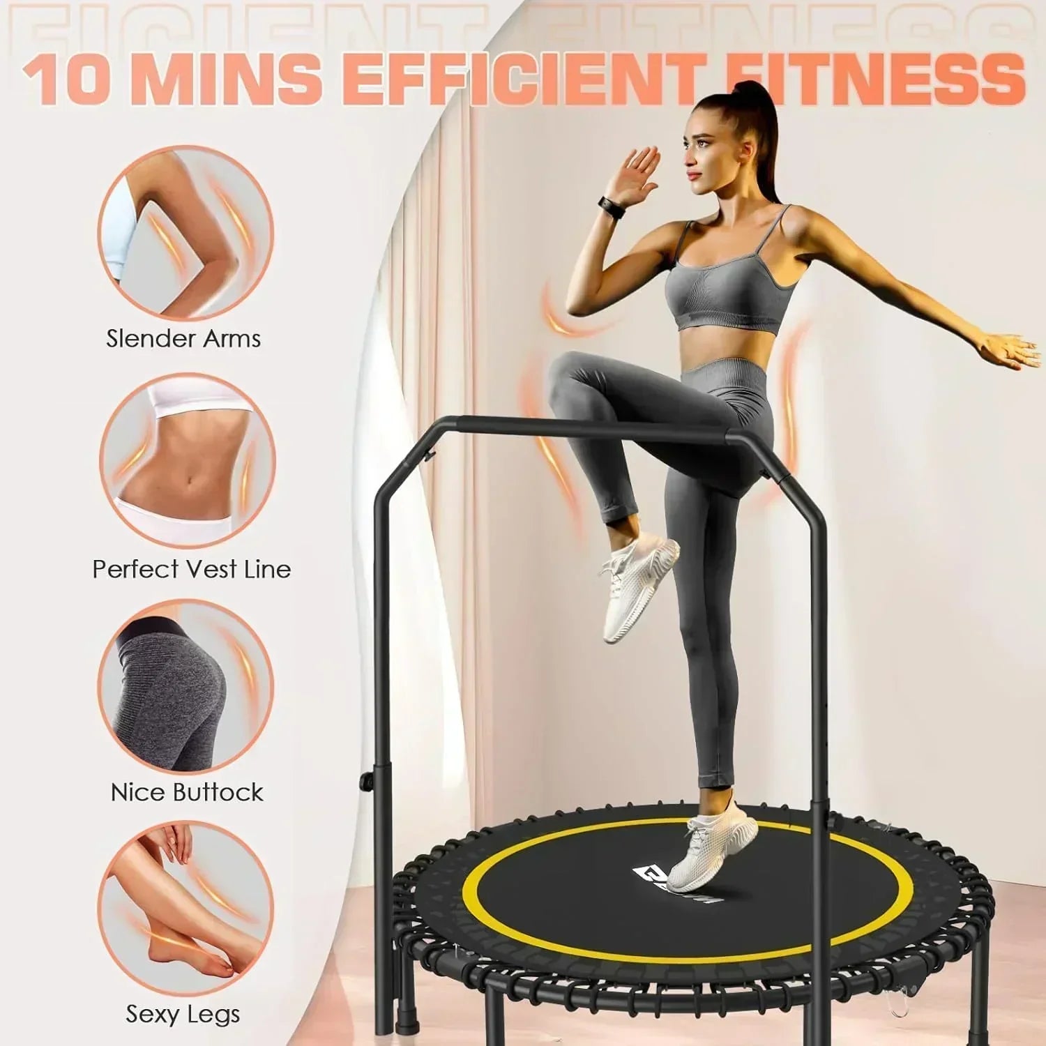 BCAN 450/550 LBS Foldable Mini Trampoline Fitness Trampoline Bungees Adjustable Foam Handle