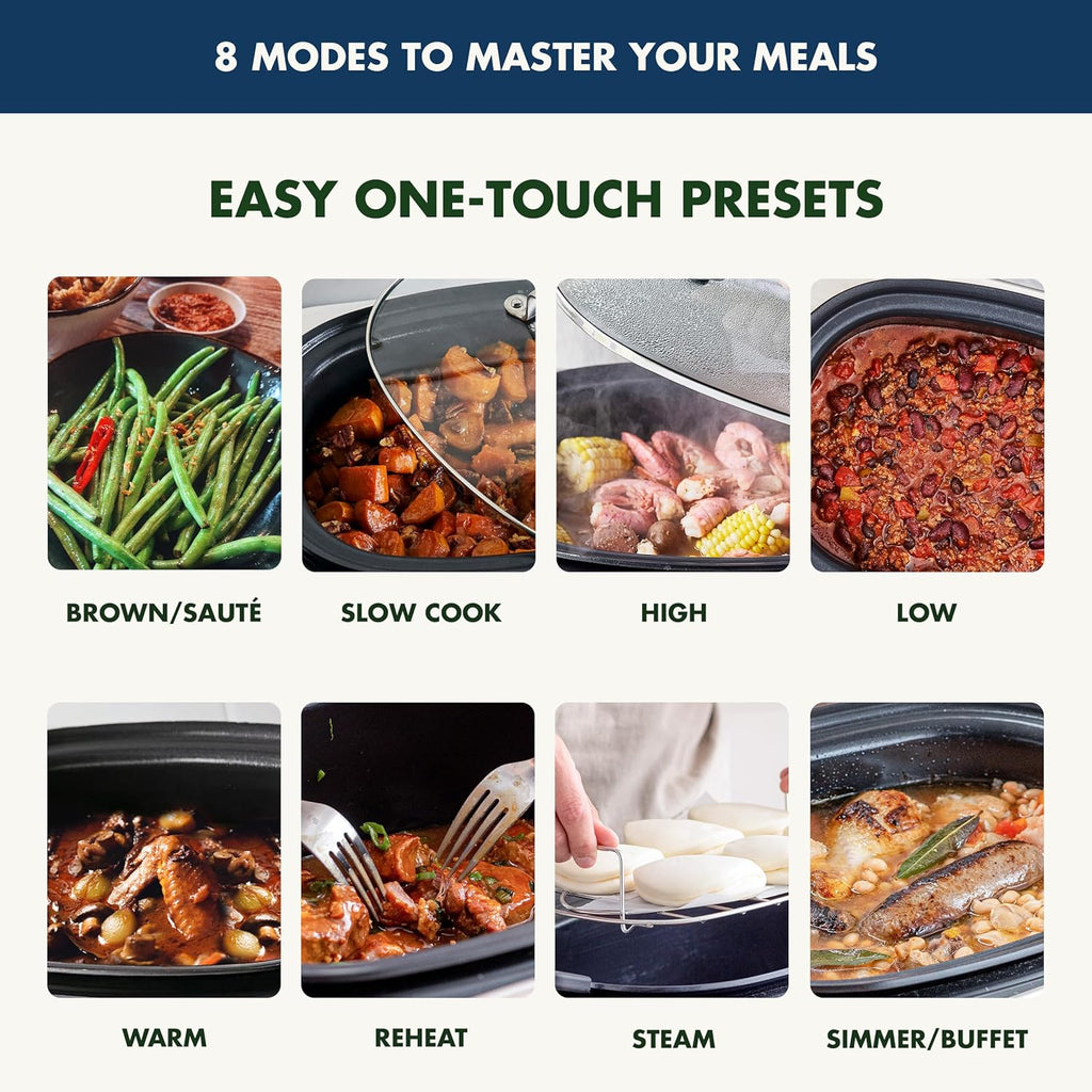 8-in-1 Programmable 6QT Electric Slow Cooker with Dishwasher-Safe Lid and Removable Base